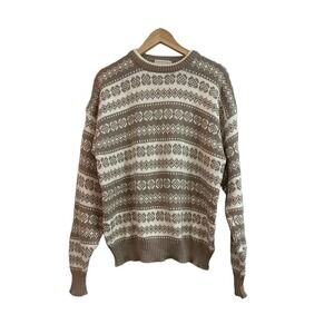 Lord Jeff Vintage Fair Isle Knit Sweater XL Tan White Cotton Made in‎ USA Mens